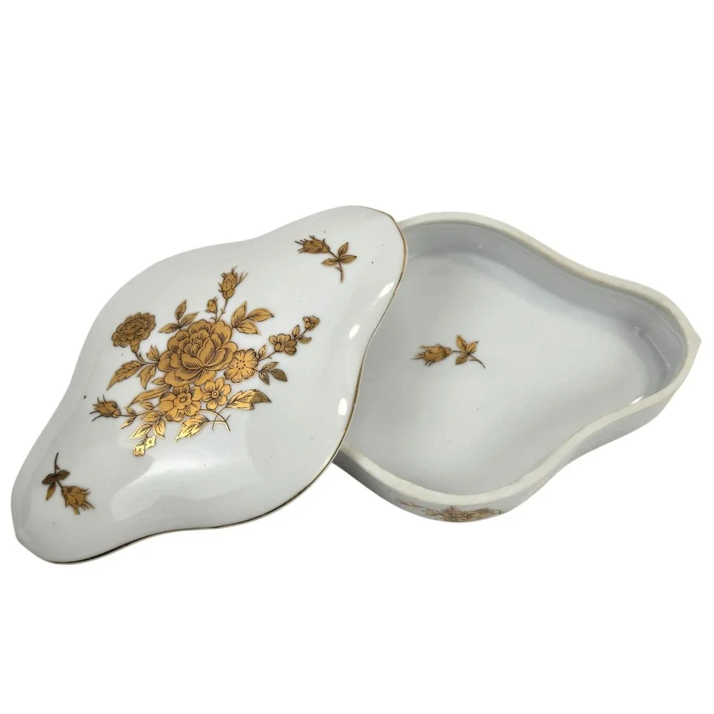 Vtg Porcelain Arnart Creation Trinket Vanity Dish w Gold Leaf Rose & Trim Japan
